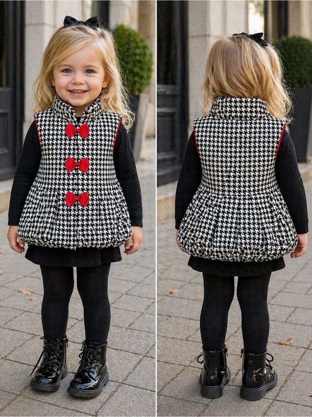 Kids Headquarters Black-and-White Houndstooth Vest with Red Bow Details 3T